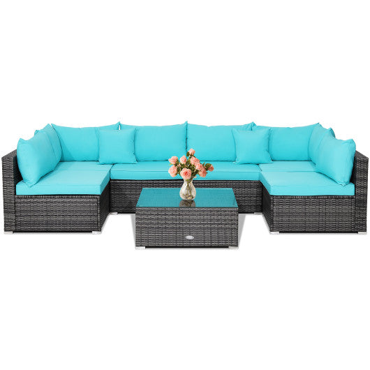 7 Pieces Patio Rattan Furniture Set with Sectional Sofa Cushioned-Turquoise