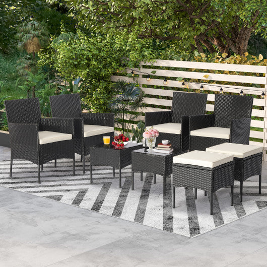 8 Pieces Patio Wicker Conversation Set with 2 Coffee Tables and 2 Ottomans