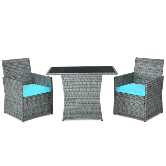 3 Pieces Patio Rattan Furniture Set with Cushioned Armrest Sofa-Turquoise