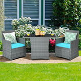 3 Pieces Patio Rattan Furniture Set with Cushioned Armrest Sofa-Turquoise