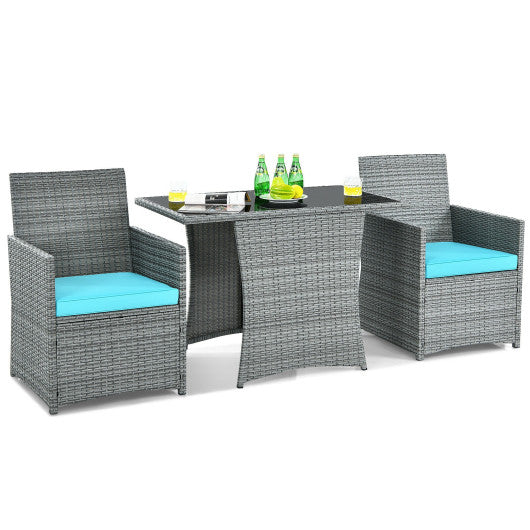 3 Pieces Patio Rattan Furniture Set with Cushioned Armrest Sofa-Turquoise