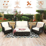 5 Pieces Patio Rattan Sofa Set with Cushion and Ottoman-Off White