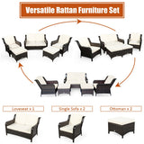 5 Pieces Patio Rattan Sofa Set with Cushion and Ottoman-Off White