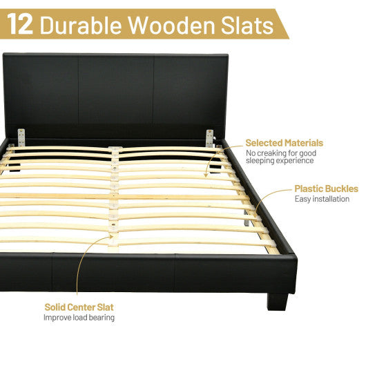 Full Upholstered Platform Bed Frame with Headboard Wood Slat-Black