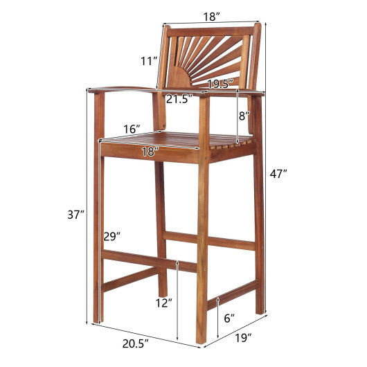 2 Pieces Outdoor Acacia Wood Bar Chairs with Sunflower Backrest and Armrests