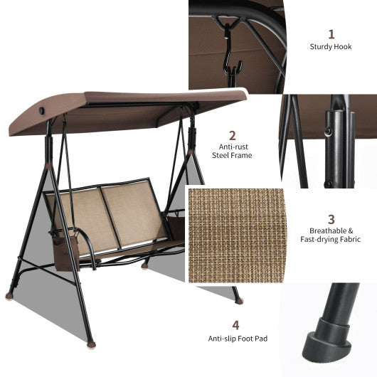 2-Person Patio Swing with Adjustable Canopy and 2 Storage Pocket-Brown