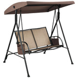 2-Person Patio Swing with Adjustable Canopy and 2 Storage Pocket-Brown