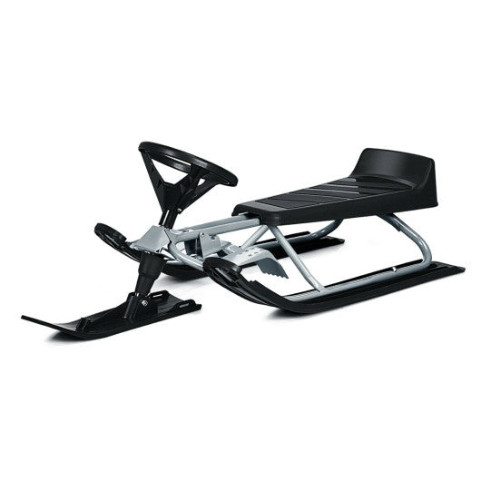 Kids Snow Sled with Steering Wheel and Double Brakes-Black