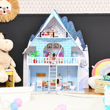 Wooden Dollhouse 3-Story Pretend Playset with Furniture and Doll Gift for Age 3+ Year