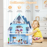 Wooden Dollhouse 3-Story Pretend Playset with Furniture and Doll Gift for Age 3+ Year