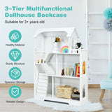 Kids Wooden Dollhouse Bookshelf with Anti-Tip Design and Storage Space-White