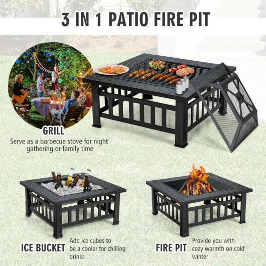 32 Inch 3 in 1 Outdoor Square Fire Pit Table with BBQ Grill and Rain Cover for Camping