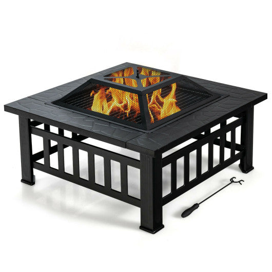 32 Inch 3 in 1 Outdoor Square Fire Pit Table with BBQ Grill and Rain Cover for Camping