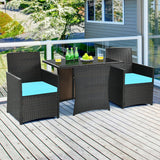 3 Pieces Patio Rattan Furniture Set with Cushion and Sofa Armrest-Turquoise