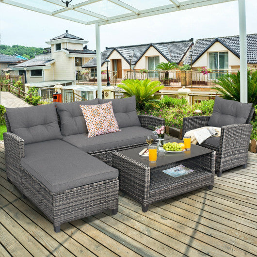 4 Pieces Patio Rattan Furniture Set with Cushion and Table Shelf-Gray