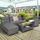 4 Pieces Patio Rattan Furniture Set with Cushion and Table Shelf-Gray