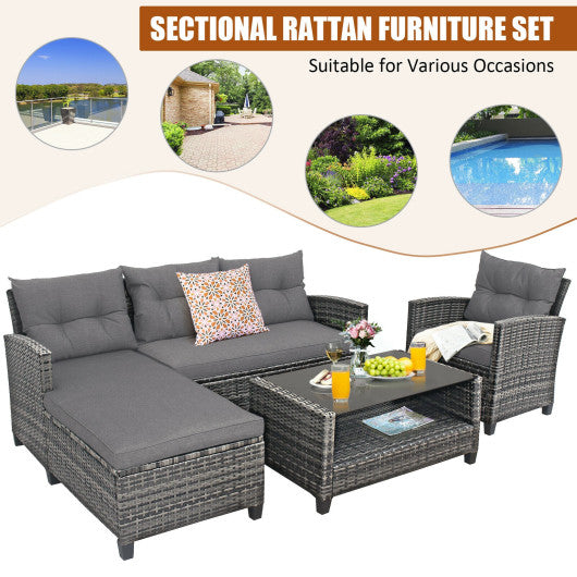 4 Pieces Patio Rattan Furniture Set with Cushion and Table Shelf-Gray