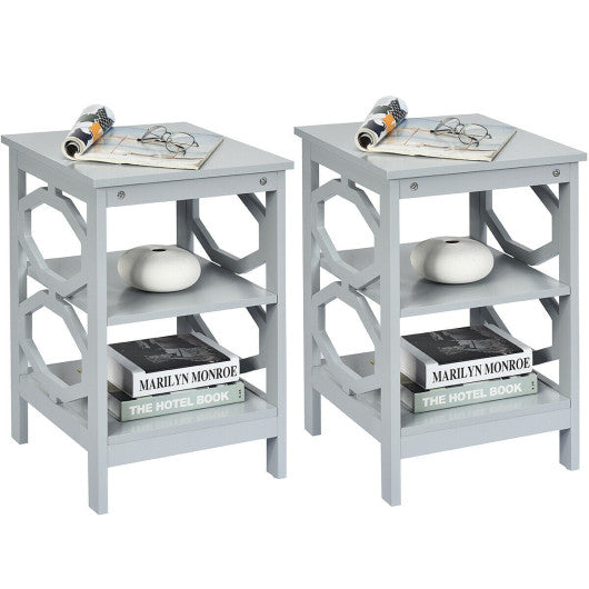 2 Pieces 3-tier Nightstand Sofa Side End Accent Table Storage Display Shelf-Gray