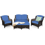 5 Pieces Patio Rattan Sofa Set with Cushion and Ottoman-Navy