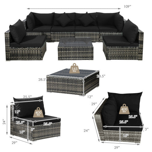 7 Pieces Patio Rattan Furniture Set Sectional Sofa Garden Cushion-Black