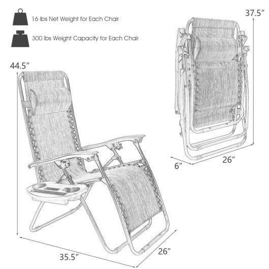 2 Pieces Folding Lounge Chair with Zero Gravity-Gray