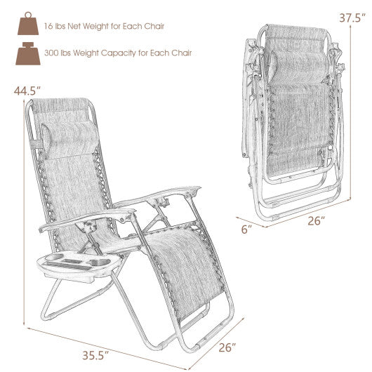 2 Pieces Folding Lounge Chair with Zero Gravity-Brown