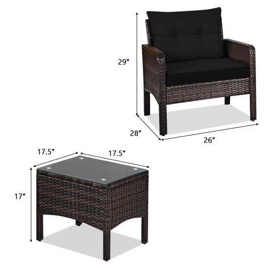 3 Pcs Outdoor Patio Rattan Conversation Set with Seat Cushions-Black