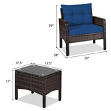 3 Pieces Outdoor Patio Rattan Conversation Set with Seat Cushions-Navy