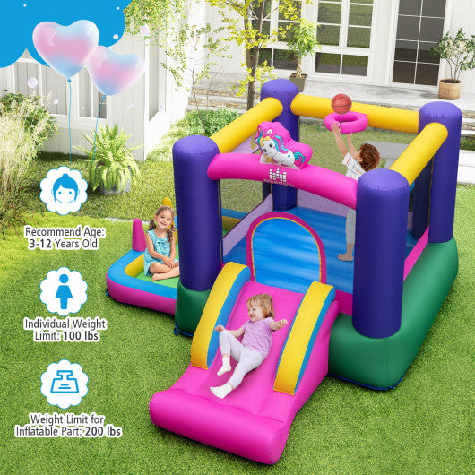 Inflatable Bounce House with Slide Splash Pool and Ring Tossing Games without Blower