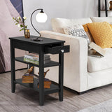 Side End Table with Drawer and 2-Tier Open Storage Shelves for Space Saving-Black