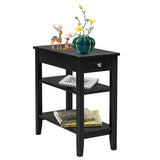 Side End Table with Drawer and 2-Tier Open Storage Shelves for Space Saving-Black