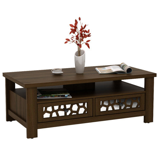 3-tier Coffee Table with 2 Drawers and 5 Support Legs-Brown