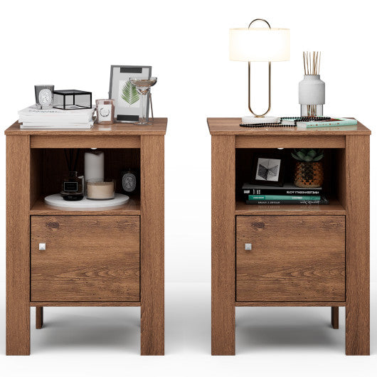 Compact Floor Farmhouse Nightstand with Open Shelf and Cabinet-Rustic Brown