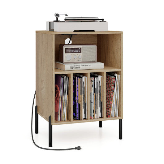 Record Player Stand with Record Storage Shelf and Charging Station-Natural