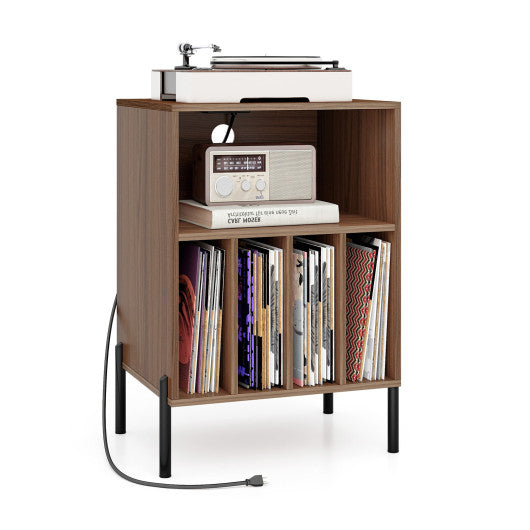 Record Player Stand with Record Storage Shelf and Charging Station-Walnut