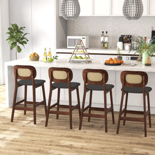 Wood Bar Chairs with PE Rattan Backrest  Padded Seat and Footrest-Brown
