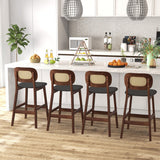 Wood Bar Chairs with PE Rattan Backrest  Padded Seat and Footrest-Brown