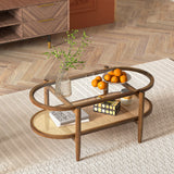 2-Tier Coffee Table with Tempered Glass Tabletop and Acacia Wood Frame-Brown