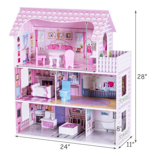 28 Inch Pink Dollhouse with Furniture