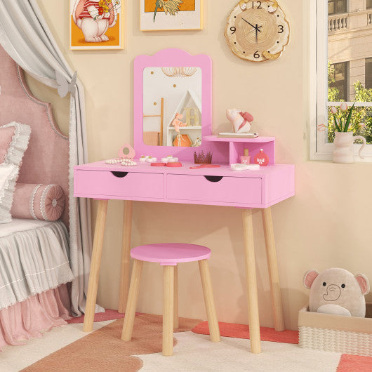 Kid Vanity Table Chair Set with Mirror and 2 Large Storage Drawers-Pink