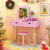 Kid Vanity Table Chair Set with Mirror and 2 Large Storage Drawers-Pink