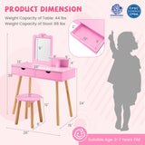 Kid Vanity Table Chair Set with Mirror and 2 Large Storage Drawers-Pink
