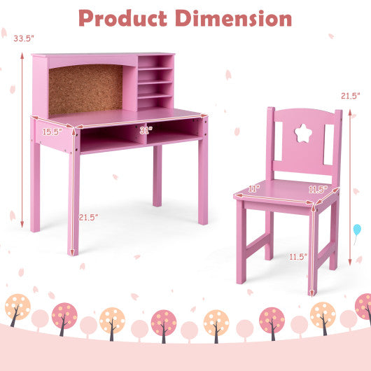 Kids Desk and Chair Set with Hutch and Bulletin Board for 3+ Kids-Pink