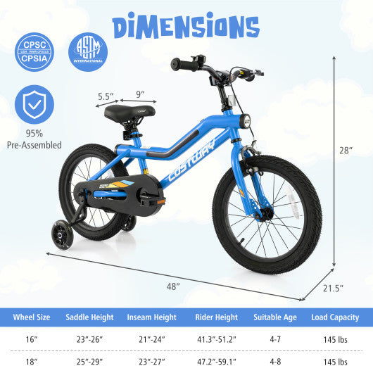 16 Inch Kids Bike LED Lighted Adjustable with Training Wheels for 4-7 Years Old Kids-16 inches