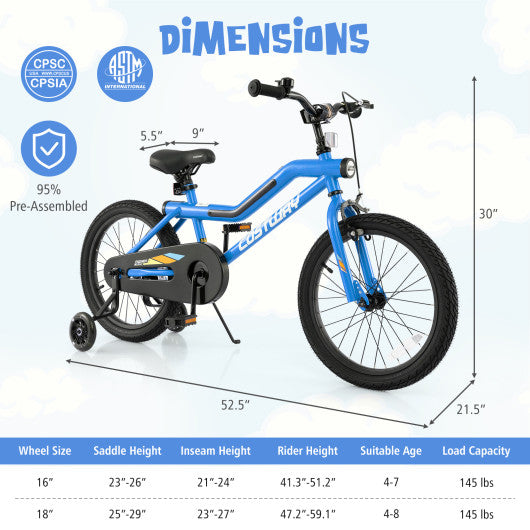 18 Inch Kids Bike LED Lighted Adjustable with Training Wheels for 4-8 Years Old Kids-18 inches