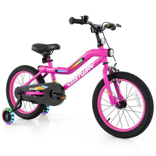 16 Inch LED Lighted Kids Bike with Training Wheels and Headlight for Ages 4-7 Years-16 inches