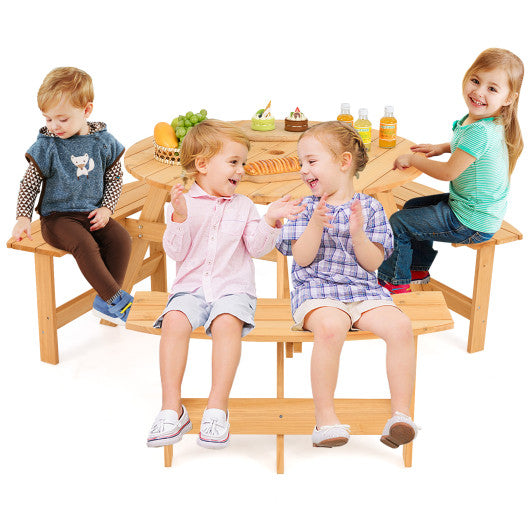 Kids Outdoor Wooden Picnic Table and Bench Set with Umbrella Hole-Natural