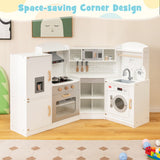 Corner Kids Play Kitchen with Washing Machine and Ice Maker Gift for Boys Girls-White