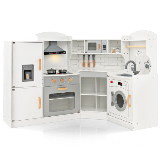 Corner Kids Play Kitchen with Washing Machine and Ice Maker Gift for Boys Girls-White