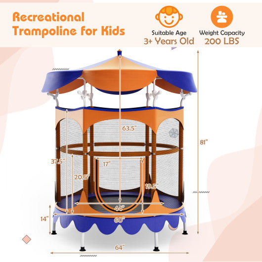 64 Inch Kids Trampoline with Detachable Canopy and Safety Enclosure Net-Orange